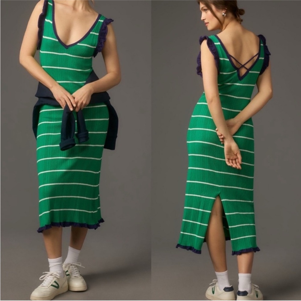 Anthropologie Daily Practice Green Striped Dress with Navy Accents